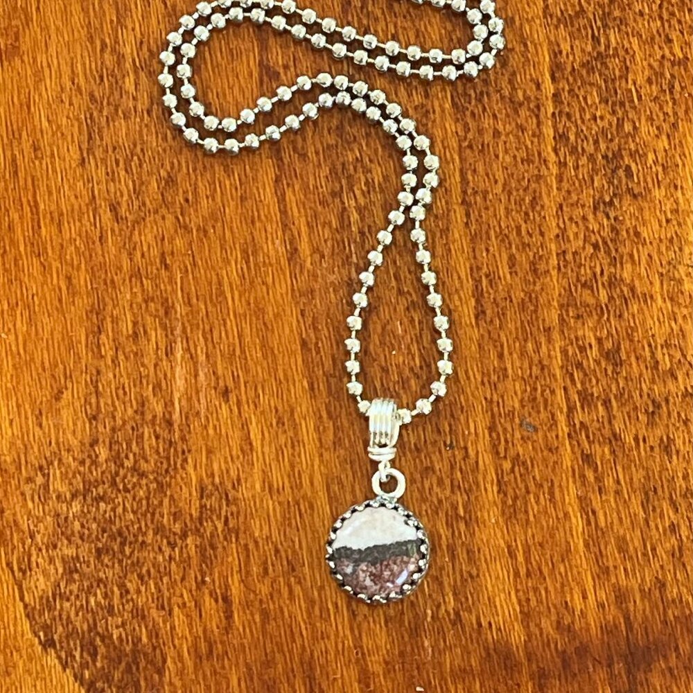 Minimalist Picture Jasper Pendant Necklace | Silver Tone Crown Bezel - Picture 5 of 7